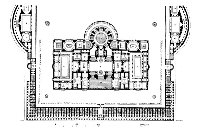 Rekonstruierter Grundriss der Caracalla-Thermen. Quelle, Wilhelm Lübke, Max Semrau Grundriß der Kunstgeschichte. Paul Neff Verlag, Esslingen, 14. Auflage 1908.